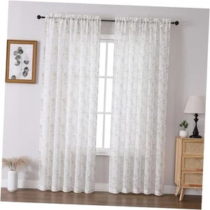 Sheer Curtains 84 Inch Length 2 Panels Set, Floral Printed Drapes on Linen - Picture 1 of 8