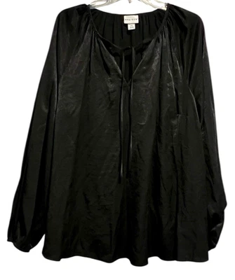 Blusa Top Ava & Viv Talla 2XL Negra Globo Manga Larga Corbata Frontal Cuello Dividido Foto 1 de 4