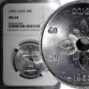LAOS Sisavang Vong Aluminum 1952 50 Cents 31 mm NGC MS64 KM# 6 (038) - Picture 1 of 5