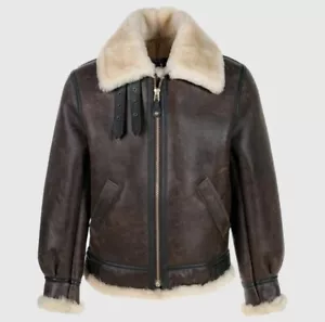 MENS SHEARLING AVIATOR B3 REAL SHEEPSKIN BOMBER FLYING BROWN LEATHER FUR JACKET - Picture 1 of 3