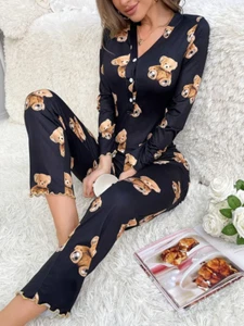 Damen Schlafanzug Pyjama Nacht-Overall Nachtwäsche herbst Hausanzug Lässig - Bild 1 von 8