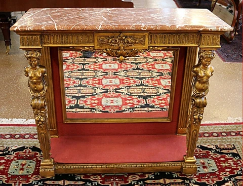 Stunning 19th Century French Figural Gold Marble Top Mirror Back Console Table Cover