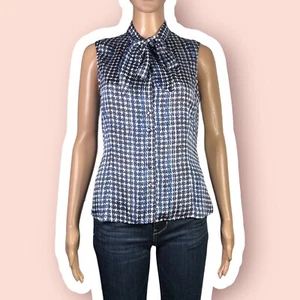 Tahari Blue Artsy Print Tie Neckline Button Front Top Size PS - "Penny - Picture 1 of 17