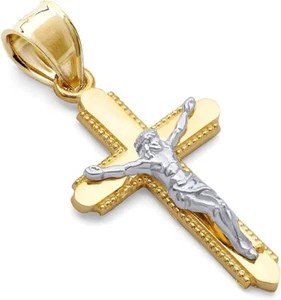 Genuino Real Oro Amarillo y Blanco 14K Dos Tonos Cruz Jesús Crucifijo Dije Colgante - Imagen 1 de 2