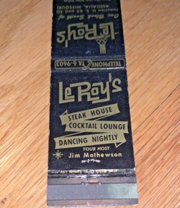 Cubierta de fósforo vintage de LEROY'S STEAK HOUSE EE. UU. 65 y 50 SEDALIA MISSOURI - Imagen 1 de 4