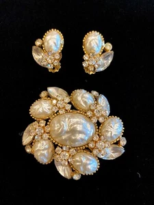 Vintage Simulated Baroque Pearl and Crystal Brooch and Earring Set - Picture 1 of 5