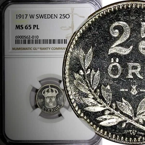 Sweden Gustaf V Silver PROOF 1917 W 25 Öre NGC MS65 PL TOP GRADED KM# 785 (10) - Picture 1 of 5