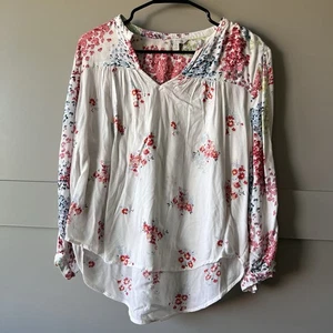 Lucky Brand Long Sleeve Floral Blouse Women Medium White Red V-Neck Boho Peasant - Picture 1 of 12