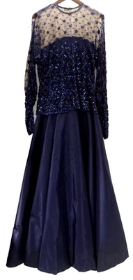 10B потрясающий темно-синий шелк тафта блестки сетки кружева длинное вечернее платье 12 голая подкладка - Изображение 1 из 4