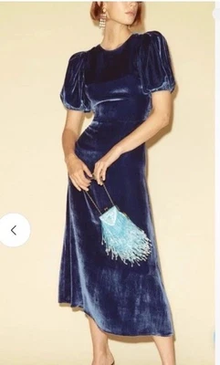 Reformation Velvet Livia Dress Silk Maxi Backless Wedding Blue Puff Sleeve Sz 2 - Image 1 of 4