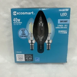 (3-Pk) EcoSmart 40W Blunt Tip Light Bulbs B11 Dimmable Glass Clear Soft White - Picture 1 of 5
