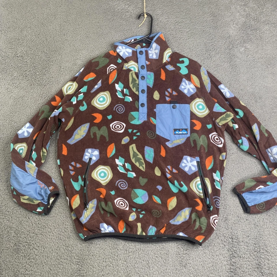 Kavu Pullover Mens Medium Brown Fleece Abstract Leaf Pattern Snap Outdoor Jacket - Image 1 of 4