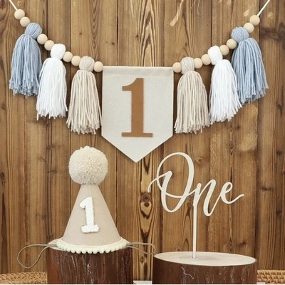 1st Birthday Highchair Banner Decorations Boy Khaki Blue Cone Hat Cake Topper - Image 1 of 4