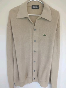 Rare IZOD Lacoste Tan Vintage 80s Cardigan Sweater Button Up Collar Men's XL - Picture 1 of 4