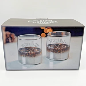 Set 2 Harley Davidson Rocks Barware Glass Engraved Retro Silver Band Rim 9 oz. - Picture 1 of 5