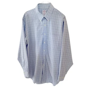 Brooks Brothers Shirt Men 16.5 Blue Plaid Long Sleeve Button Up Non Iron Cotton - Picture 1 of 11