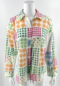 Talbots Tops Sz M Colorful Floral Graphic Dots White Pink Orange Button Up Shirt - Picture 1 of 6