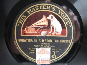 78rpm ANDRES SEGOVIA (Guitar Solo) plays BACH SUITE & TORROBA SONATINA - HMV - Imagen 1 de 2