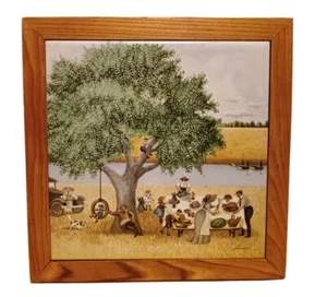 Vandor 1982 Lowell Herrero Ceramic Tile Wood Frame 9.5” Made Japan Family Picnic - Picture 1 of 10