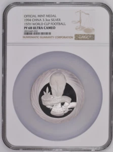 1994 China Silver 3.3oz 15th World Cup Football Official Mint Medal NGC PF68UC - Picture 1 of 3