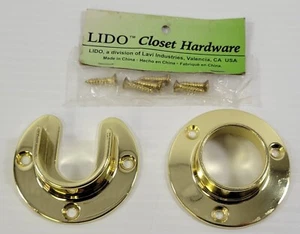 Q1) Vintage LIDO Gold Tone Brass Closet Pole Rod Hanging Hardware Flange Set - Picture 1 of 6