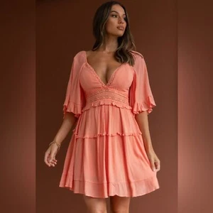 ANGEL BIBA Women’s Bell Sleeve Mini Dress Blush M Milkmaid Boho Romantic Ruffles - Picture 1 of 16