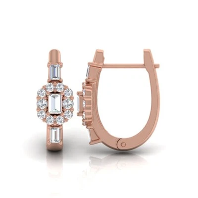 0.65 Ct Round Baguette Real H/SI Diamond Hoop Earrings Solid 14k Rose Gold Gift - Image 1 of 4
