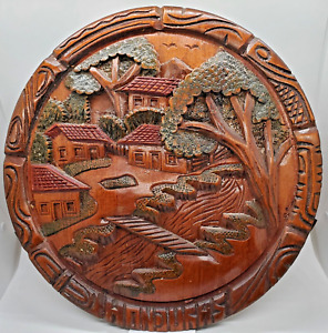 LARGE 3-D Hand Carved Mountain Village Wall Plate Decor 13.75” Wood Round