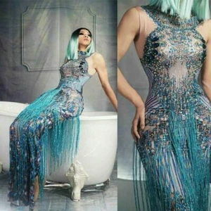 Crystals Rhinestone Party Long Dress Women Sleeveless Tassel Club Blue Costumes - Picture 1 of 7