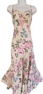 Womens Per Una Beige Floral Strappy Y2k Vintage Bias Godet Linen Maxi Dress 16L.