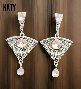 Vintage Art Deco Look Dragon Drop Earrings Pink Crystal Silver Tone Gift - Picture 1 of 6