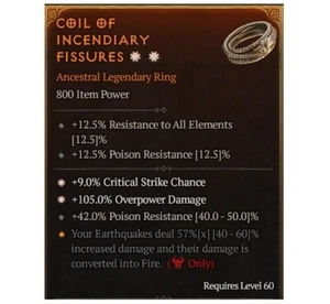 Diablo 4 S7 Coil Of Incendiary Fissures 2GA Crit Overpower Legendary Ring Gear - Picture 1 of 4