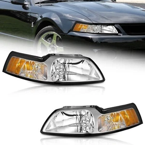 WEELMOTO Pair Headlights Assembly For 1999-2004 Ford Mustang Chrome Left+Right - Picture 1 of 10