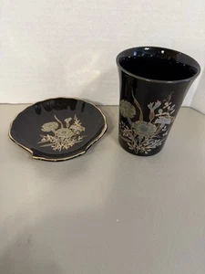 Jabonera y vaso de porcelana de inspiración asiática - negro con detalles dorados - Imagen 1 de 6