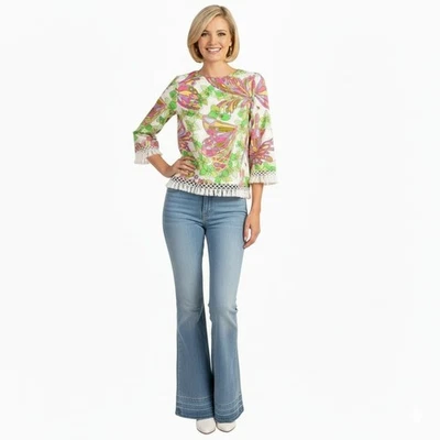 Trina Turk Sprig Retro Floral Tunic Top Size 12 Butterfly Print Fringe Hem - Image 1 of 4