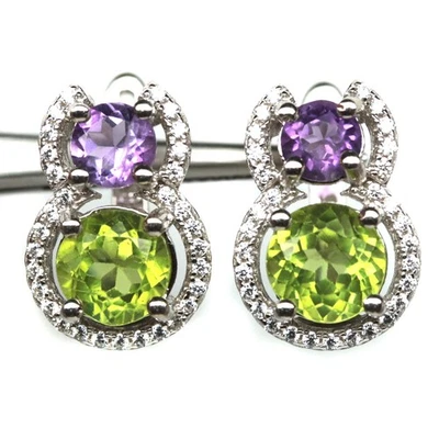 925 Sterling Silver 7 mm. Green Peridot, Amethyst & Zircon Earrings - Image 1 of 4