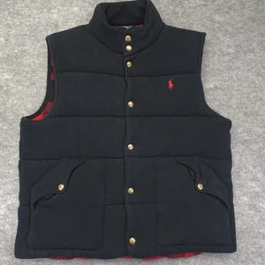 POLO VINTAGE Ralph Lauren flanella foderata a quadri uomo nero gilet imbottito bottoni a pressione L - Foto 1 di 11