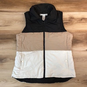Geoffrey Beene Puffer Vest Mens Medium Black Beige White Striped Jacket Full Zip - Picture 1 of 9