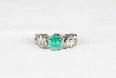Diamond Covered, Platinum, 1k Columbian Emerald Ring, Art Nouveau, Handcrafted - Image 1 of 4