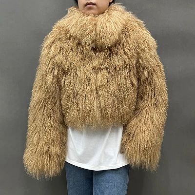 Casaco de pele mongol cropped feminino colarinho suporte inverno jaqueta de pele quente sobretudo - Imagem 1 de 4