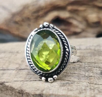 Sottile Peridoto Topazio Gemma 925 Argento Sterling Mano Anello Tutte le Misure - Immagine 1 di 3