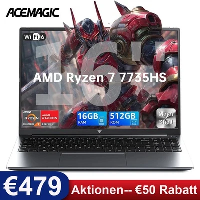 ACEMAGIC 16'' Gaming Laptop AMD Ryzen7 7735HS 16GB DDR4 512GB SSD Win11 WIFI6 BT - Bild 1 von 4