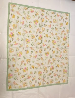 Cobertor de bebê cogumelos natureza pastéis brilhantes rosa verde gingham feito à mão vintage - Imagem 1 de 4