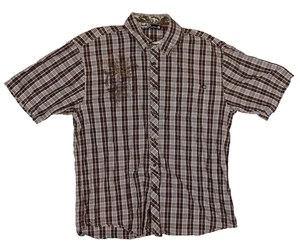 Ocean Current Men L Short Sleeve Button-Up Shirt Brown Plaid Embroidered Graphic - Picture 1 of 11