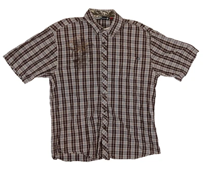 Ocean Current Men L Short Sleeve Button-Up Shirt Brown Plaid Embroidered Graphic - Image 1 of 4