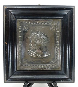 Antique S. Paulus Silver Plaque St. Paul Signed & Backed in Wood 5" x 6.5" / 9" - Picture 1 of 5