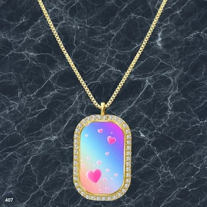 Stunning Colorful Hearts Pendant Necklace Printed Design Charming Gold Tone Pure - Picture 1 of 4