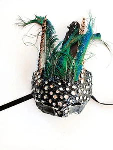 Black Sequin Peacock Feather Mask Handmade One Of A Kind - Picture 1 of 8