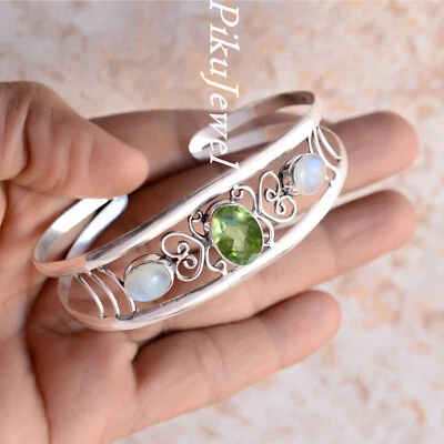 Mondstein & facettierter Peridot Edelstein 925 Sterling Silber eleganter Armreif - Bild 1 von 4
