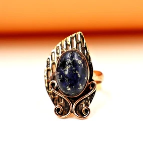 Lapis Lazuli Handmade Healing Ring Engraved Copper Spiritual Boho Design US"7 - Picture 1 of 8